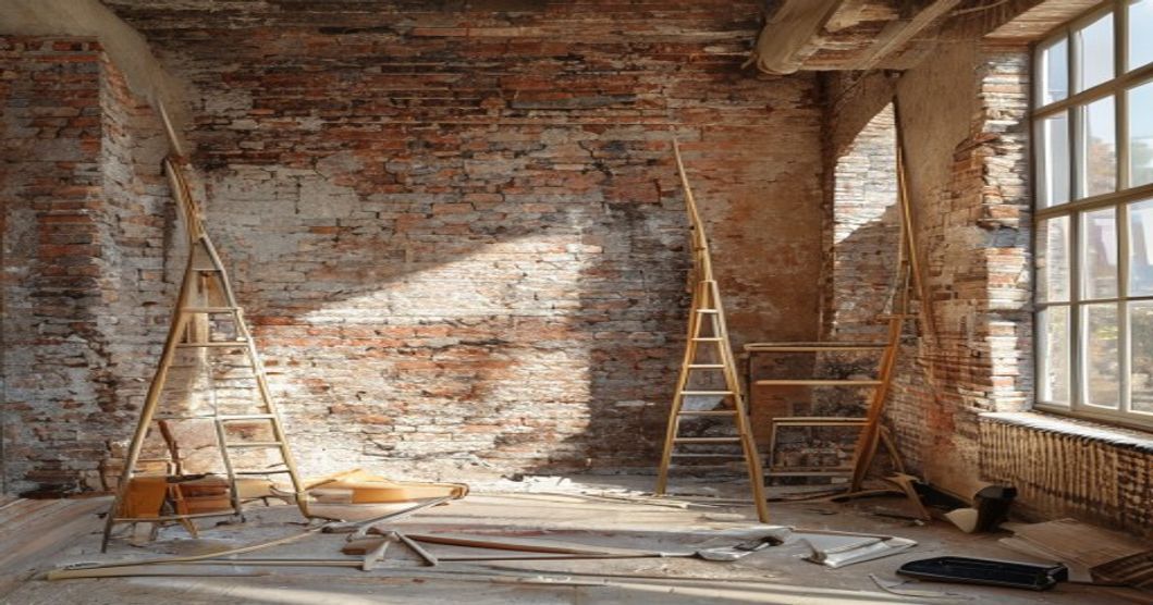 Cantiere ristrutturazione appartamento italiano con pareti a vista
