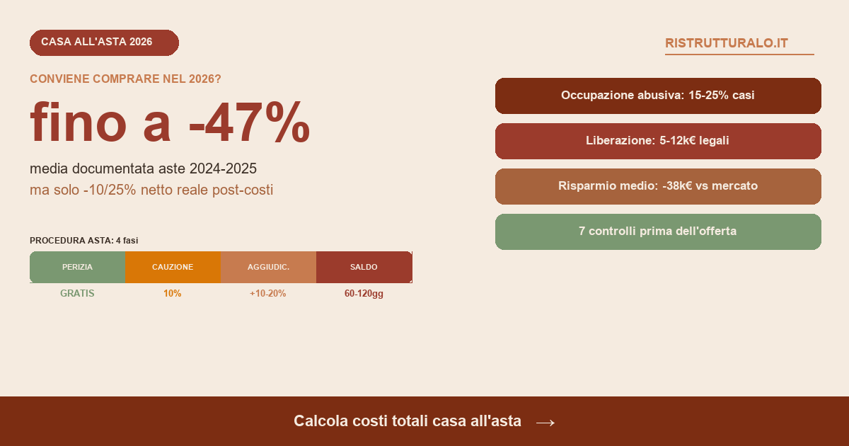 Casa pignorata all asta 2026 sconto fino a -47 percento procedura 4 fasi 7 controlli rischi