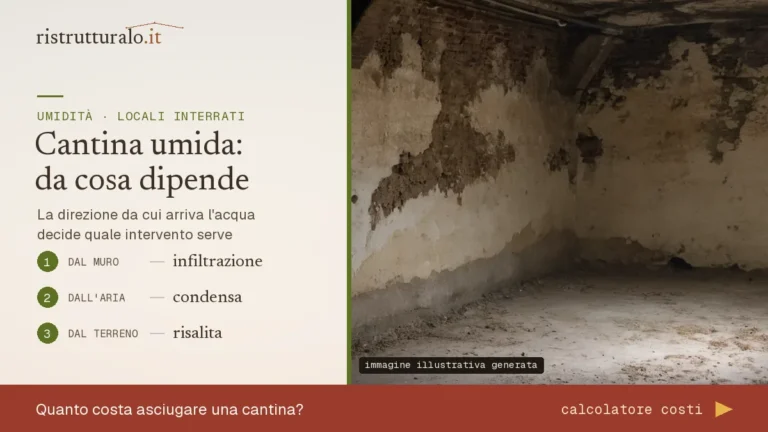 Cantina interrata con intonaco distaccato: risalita, condensa e infiltrazione si riconoscono da dove compare la macchia
