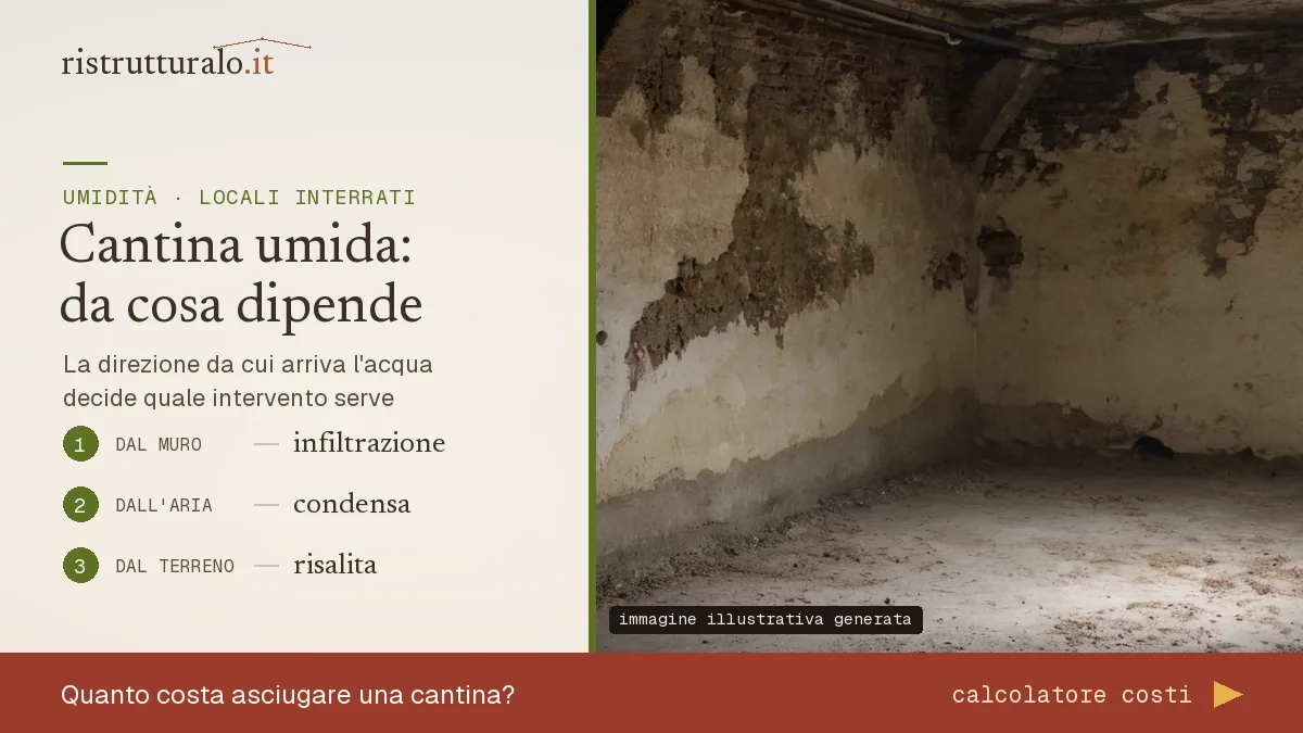 Cantina interrata con intonaco distaccato: risalita, condensa e infiltrazione si riconoscono da dove compare la macchia