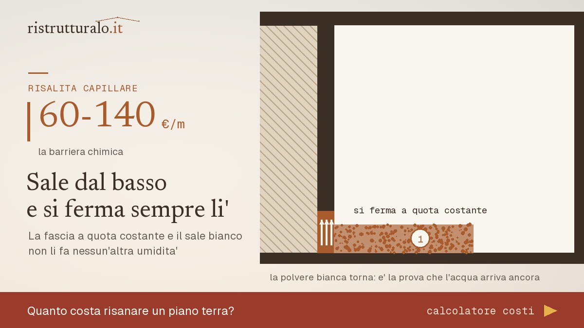 Sezione di un muro controterra: la fascia di umidita' che sale dal basso, il sale che affiora e le colature