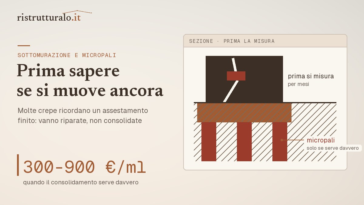 Sezione di una fondazione consolidata con micropali e il fessurimetro applicato sulla lesione